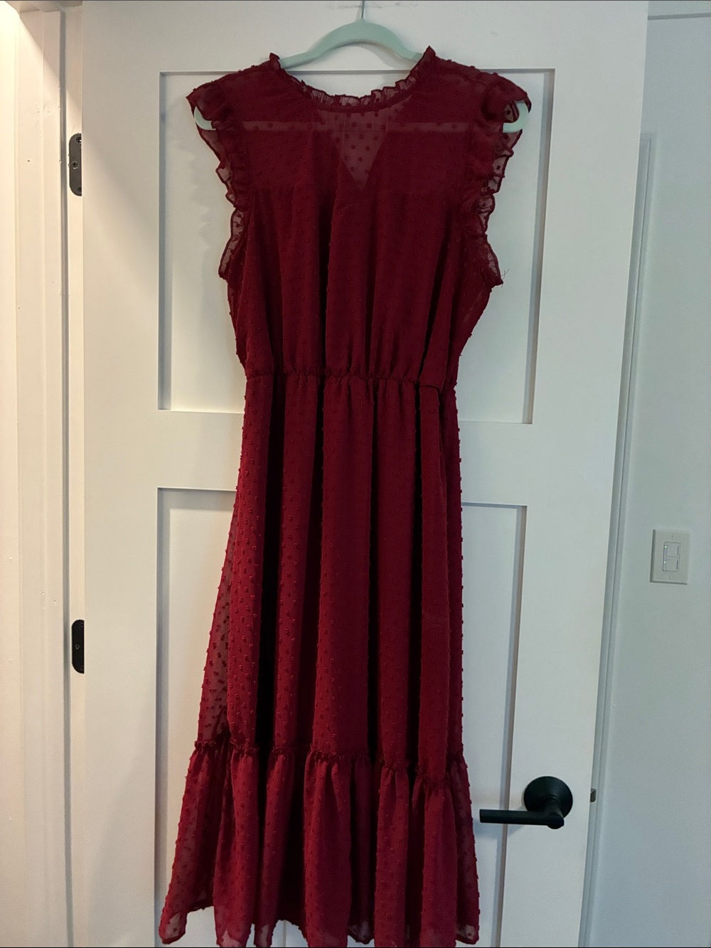 Women’s Elegant Burgundy Ruffle Midi Dress